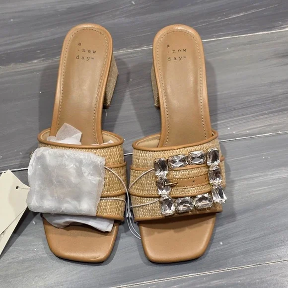 A New Day Kathleen Sandals Raffia Rhinestone Buckle Block Heel Mules Square Toe - Picture 8 of 15